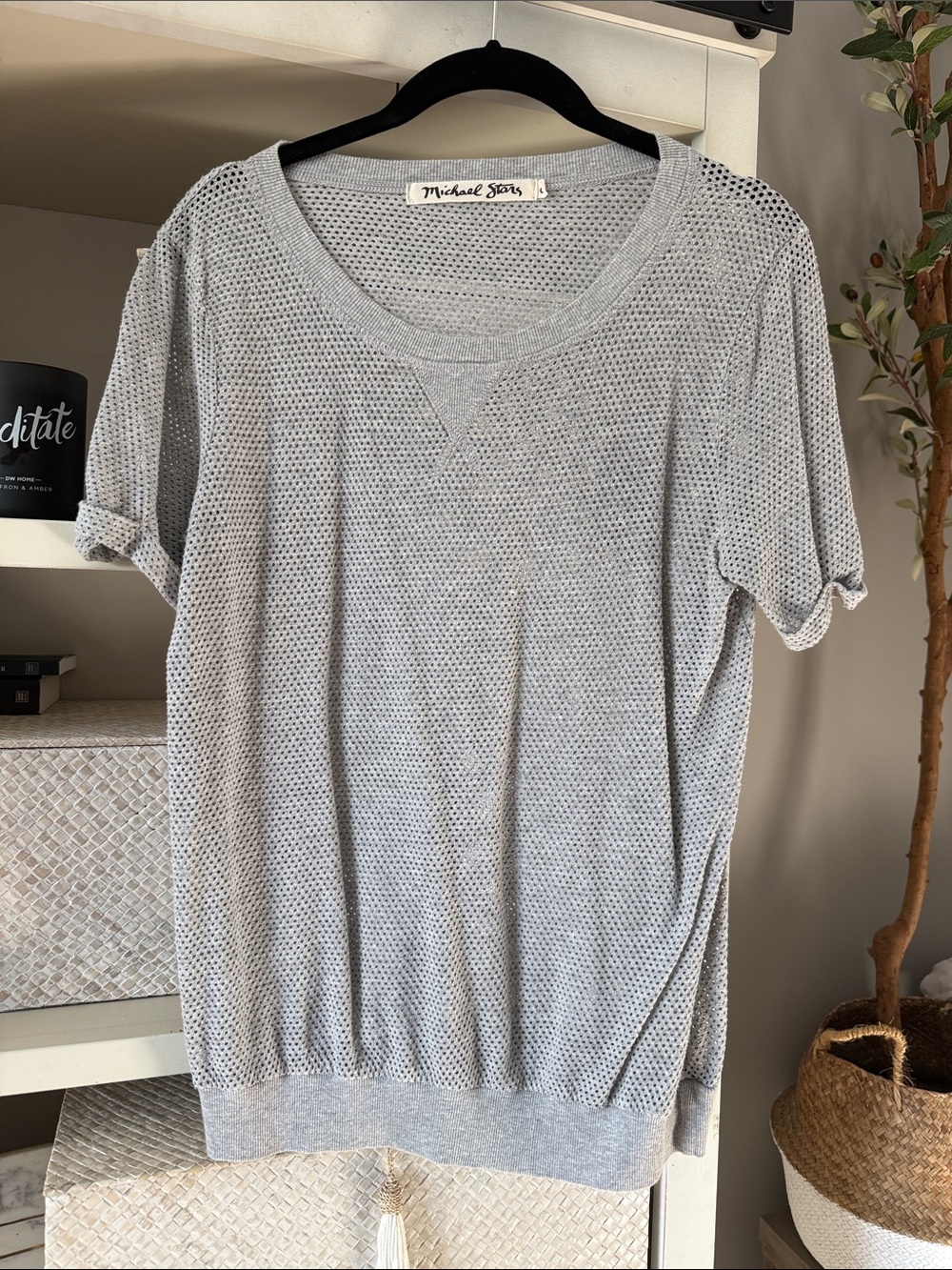 Michael Stars Light Gray Short Sleeve Open-Knit Pullover T shirt